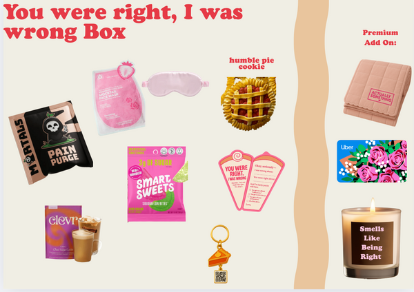 Actually Something™ You were Right, I was Wrong Box – apology care package with cookie, candle, eye mask, keychain, and snacks